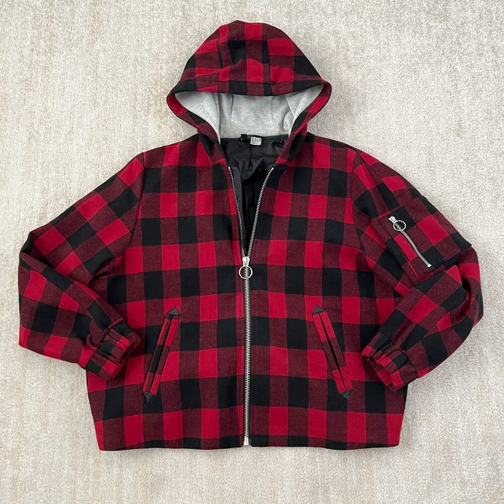 H&M Divided Buffalo Check Wool Blend Hooded Zip Up Jacket 12